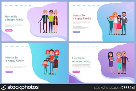 How to be happy family web page decorated by smiling parents and children vector. Portrait view of mother and father embracing cheerful daughter and son. Website template, landing page in flat style. Happy Family Web, Parents and Children Vector