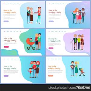 How to be happy family website with buttons. Portrait view of parents, children and baby carriage. Mother and father, son and daughter, relatives vector. Webpage template, landing page in flat style. Family Portrait View, Parents and Children Vector