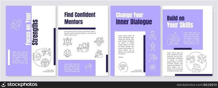 How to boost your confidence at work purple brochure template. Leaflet design with linear icons. Editable 4 vector layouts for presentation, annual reports. Anton, Lato-Regular fonts used. How to boost your confidence at work purple brochure template