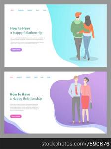 How to build happy relationship vector, man and woman holding hands. Happiness of people in love spending time together living in harmony. Website or webpage template, landing page flat style. Hot to Build Happy Relationship People in Love Set.