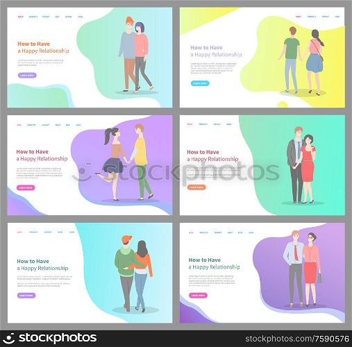 How to build happy relationship vector, people in love walking on date, calm relaxed man and woman cuddling and expressing deep feelings. Website or webpage template, landing page flat style. How to Build Happy Relationship Man and Woman Set