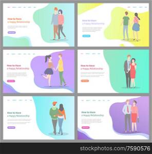 How to build happy relationship vector, people in love walking on date, calm relaxed man and woman cuddling and expressing deep feelings. Website or webpage template, landing page flat style. How to Build Happy Relationship Man and Woman Set