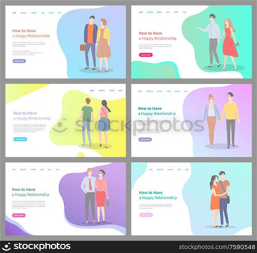 How to build happy relationship vector, people walking and holding hands of each other, couples and pairs, man and woman with deep feelings. Website or webpage template, landing page flat style. How to Build Happy Relationship Internet Pages Set