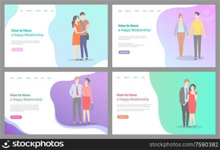 How to build happy relationship vector, people with partners, male and female walking holding hands, and smiling. Couples on first dates, website or webpage template, landing page flat style. How to Build Happy Relationship Website Set Info