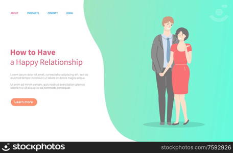 How to build happy relationships, adult couple, man in suit and oman in red dress cartoon characters. Vector husband and wife family. Website or webpage template, landing page flat style. How Build Happy Relationships, Adult Couple Vector