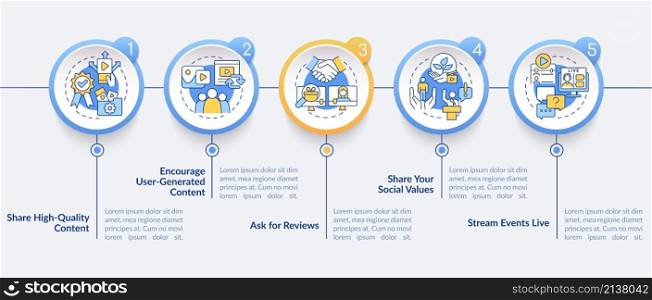 How to build trust on social media circle infographic template. Data visualization with 5 steps. Process timeline info chart. Workflow layout with line icons. Lato-Bold, Regular fonts used. How to build trust on social media circle infographic template