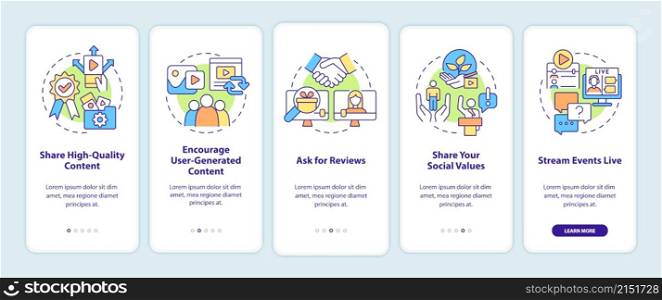 How to build trust on social media onboarding mobile app screen. Business walkthrough 5 steps graphic instructions pages with linear concepts. UI, UX, GUI template. Myriad Pro-Bold, Regular fonts used. How to build trust on social media onboarding mobile app screen