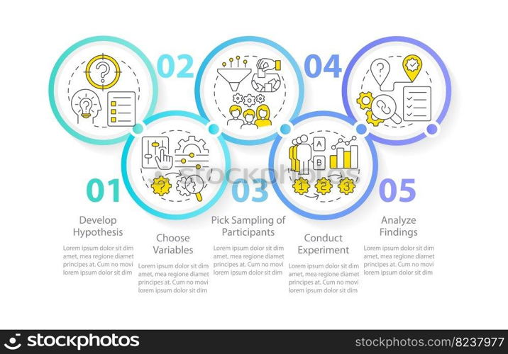 How to conduct causal research infographic template. Analysis. Data visualization with 5 steps. Editable timeline info chart. Workflow layout with line icons. Myriad Pro-Regular font used. How to conduct causal research infographic template