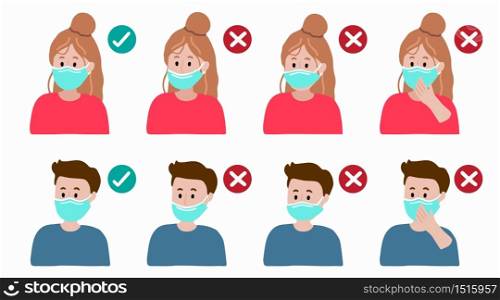 How to correctly wear a mask to prevent the spread of bacteria,coronavirus.Vector illustration for poster.Editable element