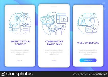 How to earn money online blue gradient onboarding mobile app screen. Walkthrough 3 steps graphic instructions pages with linear concepts. UI, UX, GUI template. Myriad Pro-Bold, Regular fonts used. How to earn money online blue gradient onboarding mobile app screen