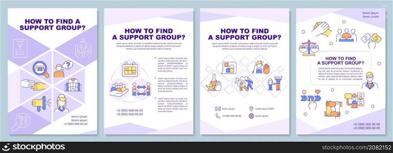 How to find support group brochure template. Online community. Booklet print design with linear icons. Vector layouts for presentation, annual reports, ads. Arial-Black, Myriad Pro-Regular fonts used. How to find support group brochure template