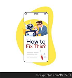 How to fix this social media posts smartphone app screen. Mobile phone display with cartoon characters design mockup. Repairing instructions. Troubleshooting guide application telephone interface