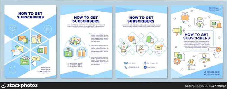How to get subscribers brochure template. Content making. Booklet print design with linear icons. Vector layouts for presentation, annual reports, ads. Arial-Black, Myriad Pro-Regular fonts used. How to get subscribers brochure template