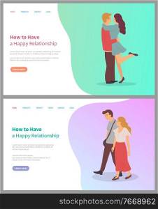 How to have happy relationship, embracing male and female, smiling couple or friends together, side view of man and woman, people feelings vector. Website or webpage template, landing page flat style. Man and Woman Together, Couple or Friends Vector