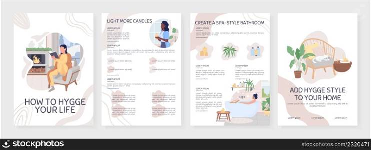 How to hygge your life flat vector brochure template. Scandinavian style booklet, leaflet printable flat color designs. Simple magazine page, reports kit with text space. Sniglet, Comfortaa fonts used. How to hygge your life flat vector brochure template
