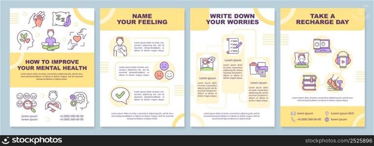 How to improve your mental health yellow brochure template. Leaflet design with linear icons. 4 vector layouts for presentation, annual reports. Arial-Black, Myriad Pro-Regular fonts used. How to improve your mental health yellow brochure template