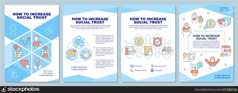 How to increase social trust blue brochure template. Booklet print design with linear icons. Vector layouts for presentation, annual reports, ads. Arial-Black, Myriad Pro-Regular fonts used. How to increase social trust blue brochure template