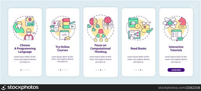 How to learn to code onboarding mobile app screen. Education walkthrough 5 steps graphic instructions pages with linear concepts. UI, UX, GUI template. Myriad Pro-Bold, Regular fonts used. How to learn to code onboarding mobile app screen