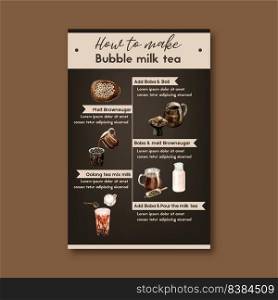 how to make bubble milk tea homemade, ad content modern, watercolor illustration design