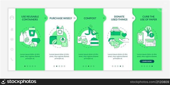 How to minimize waste green onboarding template. Reuse and recycle. Responsive mobile website with linear concept icons. Web page walkthrough 5 step screens. Lato-Bold, Regular fonts used. How to minimize waste green onboarding template
