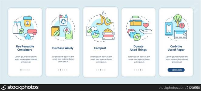 How to minimize waste onboarding mobile app screen. Reuse and reduce. Walkthrough 5 steps graphic instructions pages with linear concepts. UI, UX, GUI template. Myriad Pro-Bold, Regular fonts used. How to minimize waste onboarding mobile app screen