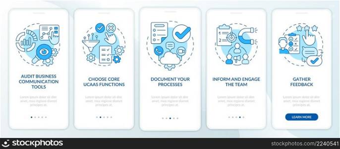 How to move to UCaaS blue onboarding mobile app screen. Network build walkthrough 5 steps graphic instructions pages with linear concepts. UI, UX, GUI template. Myriad Pro-Bold, Regular fonts used. How to move to UCaaS blue onboarding mobile app screen