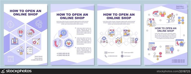 How to open online shop brochure template. Dropshipping. Flyer, booklet, leaflet print, cover design with linear icons. Vector layouts for presentation, annual reports, advertisement pages. How to open online shop brochure template