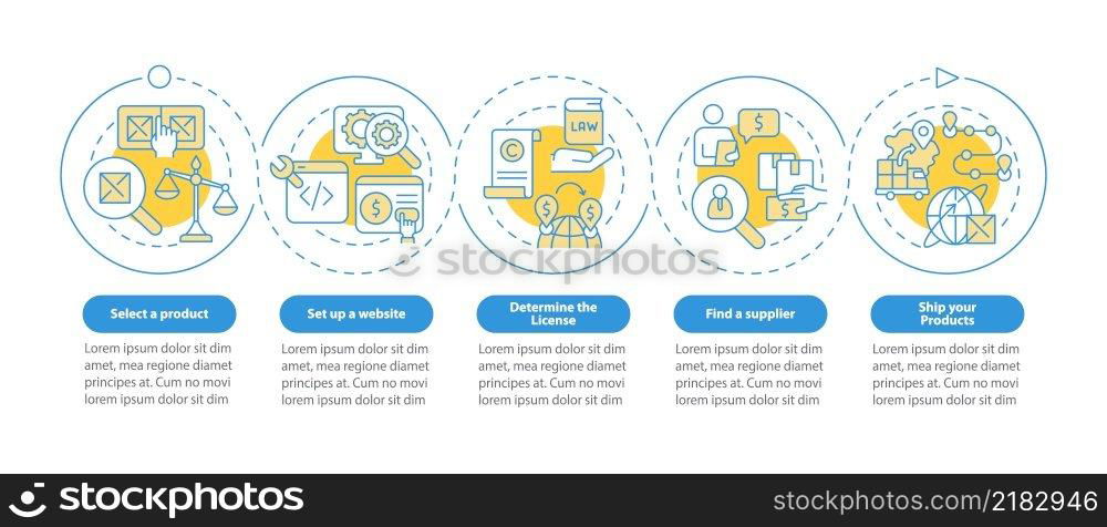 How to start export business blue circle infographic template. Data visualization with 5 steps. Process timeline info chart. Workflow layout with line icons. Myriad Pro-Bold, Regular fonts used. How to start export business blue circle infographic template