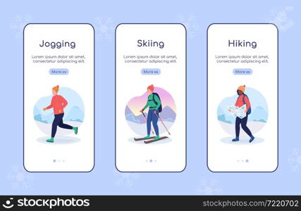 How to stay active in winter onboarding mobile app screen flat vector template. Walkthrough website 3 steps with characters. Creative UX, UI, GUI smartphone cartoon interface, case prints set. How to stay active in winter onboarding mobile app screen flat vector template