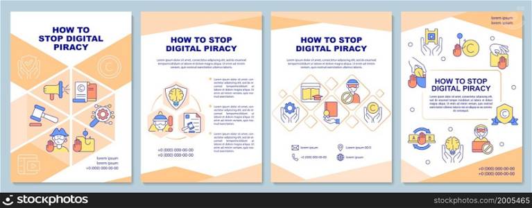 How to stop digital piracy brochure template. Protective measures. Flyer, booklet, leaflet print, cover design with linear icons. Vector layouts for presentation, annual reports, advertisement pages. How to stop digital piracy brochure template