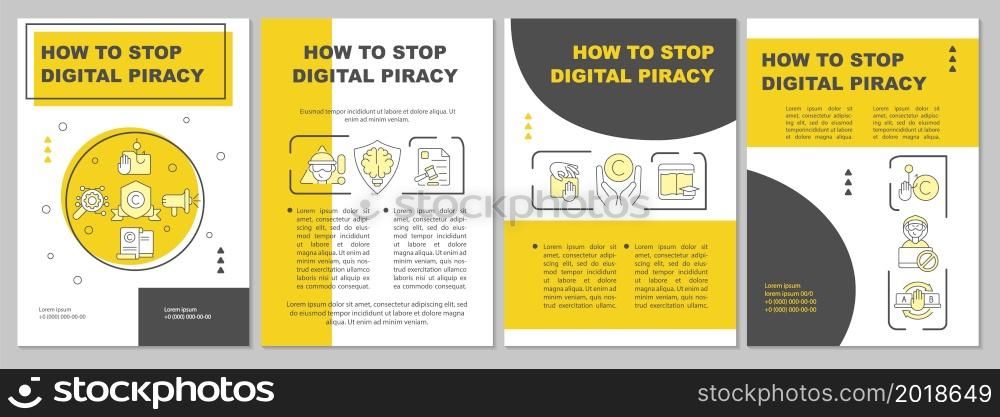 How to stop online piracy brochure template. Pirated works removing. Flyer, booklet, leaflet print, cover design with linear icons. Vector layouts for presentation, annual reports, advertisement pages. How to stop online piracy brochure template