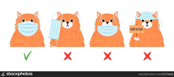 How to wear protective mask. Correct incorrect ppe use, flu cold dust air protection vector concept. How to wear protective mask