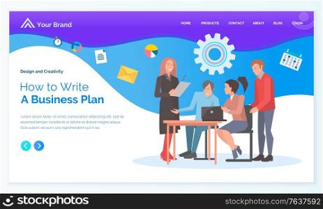How to write business plan app slider decorated by workers characters communication with computer. Employees cooperation creative idea, laptop vector. Webpage or webslide template in flat design style. Creative Business Idea, Teamwork with Pc Vector