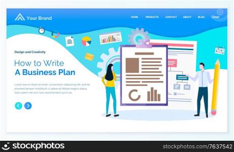 How to write business plan, man and woman presenters, scheme and graph on paper. Workers cooperation, diagram and set icons, manager strategy vector. App slider or landing page template in flat style. Business Plan, Create and Write, Teamwork Vector