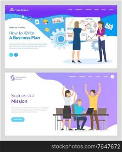 How to write business plan, successful mission, people with rising hands. Man and woman communication with laptop and desk, cooperation vector. App slider, webpage or website template in flat style. Teamwork Cooperation, Business Plan, Web Vector