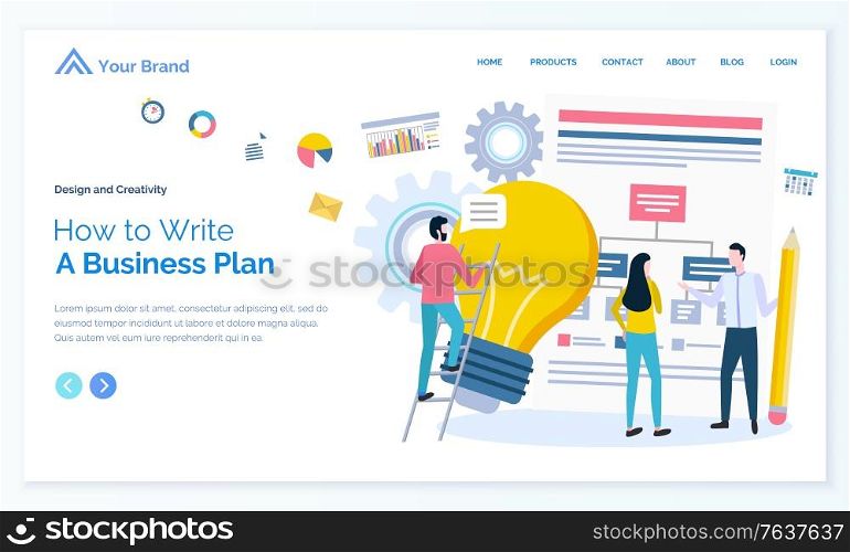How to write business plan vector, business meeting of partners and professionals. Man and woman with electric bulb idea of person colleagues. Website or webpage template, landing page flat style. How to Write Business Plan, People with Idea Bulb