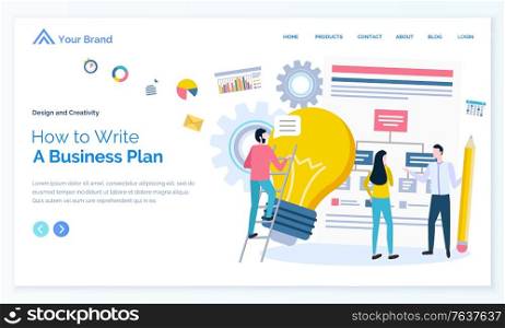 How to write business plan vector, business meeting of partners and professionals. Man and woman with electric bulb idea of person colleagues. Website or webpage template, landing page flat style. How to Write Business Plan, People with Idea Bulb