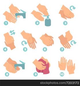How wash hands. Washing hands properly step by step, use sanitizer personal hygiene, disease covid-19 prevention, soaping healthcare vector concept. How wash hands. Washing hands properly step by step, use sanitizer personal hygiene, disease covid-19 prevention, healthcare vector concept
