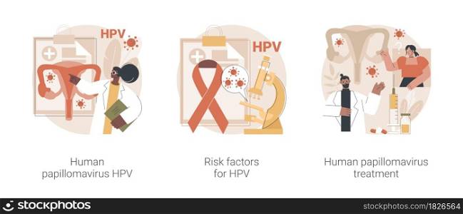 HPV infection abstract concept vector illustration set. Human papillomavirus, risk factor for HPV and medication treatment, cervical cancer early diagnostics, immune system response abstract metaphor.. HPV infection abstract concept vector illustrations.