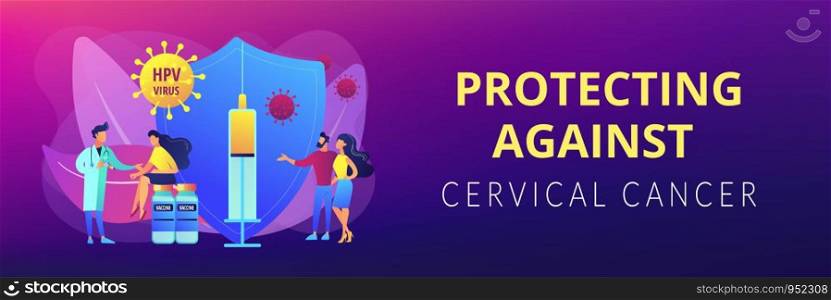HPV infection medication. Virus prevention. HPV vaccination, protecting against cervical cancer, human papillomavirus vaccination program concept. Header or footer banner template with copy space.. HPV vaccination concept banner header
