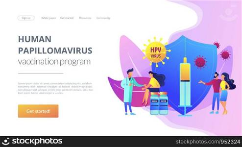 HPV infection medication. Virus prevention. HPV vaccination, protecting against cervical cancer, human papillomavirus vaccination program concept. Website homepage landing web page template.. HPV vaccination concept landing pageation