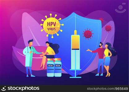 HPV infection medication. Virus prevention. HPV vaccination, protecting against cervical cancer, human papillomavirus vaccination program concept. Bright vibrant violet vector isolated illustration. concept vector illustration