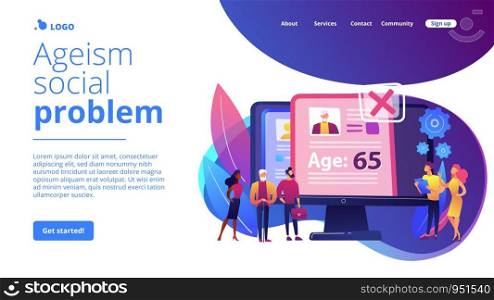 HR agency age discrimination. Job candidate CV, personal profile. Ageism social problem, stop ageism, elderly employment difficulties concept. Website homepage landing web page template.. Ageism social problem concept landing page