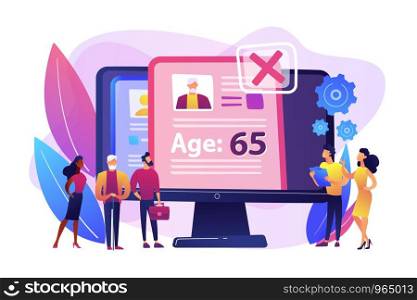 HR agency age discrimination. Job candidate CV, personal profile. Ageism social problem, stop ageism, elderly employment difficulties concept. Bright vibrant violet vector isolated illustration. Ageism social problem concept vector illustration