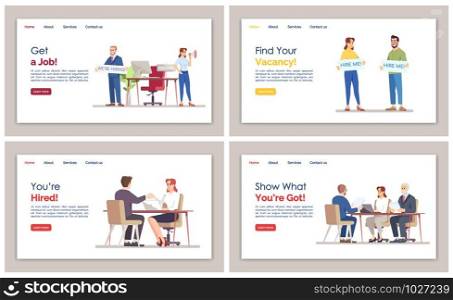 HR agency landing page vector template set. Job search website interface idea with flat illustrations. Hiring staff homepage layout. Employment service web banner, webpage cartoon concept