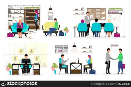HR agency workers flat vector characters set. Headhunters selecting candidates. Job search, employment service. Studying resumes, interviewing applicants, jobseekers. Hiring, recruiting new personnel