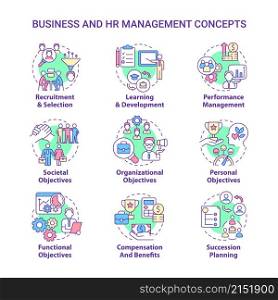 HR and business management concept icons set. Human resource department duties idea thin line color illustrations. Isolated outline drawings. Editable stroke. Roboto-Medium, Myriad Pro-Bold fonts used. HR and business management concept icons set