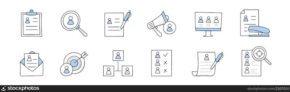 Hr doodle business icons, cv on clipboard, magnifier with candidate profile, pen filling resume, computer monitor with applicants, paper and stapler, envelope, network, Line art vector illustration. Hr doodle icons, business recruitment, employment