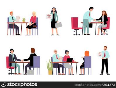 Hr employer interview. Employee characters need job, work searching woman and wan. Isolated boss interviewing workers, recruit office decent vector set. Hr employer, job interview illustration. Hr employer interview. Employee characters need job, work searching woman and wan. Isolated boss interviewing workers, recruit office decent vector set
