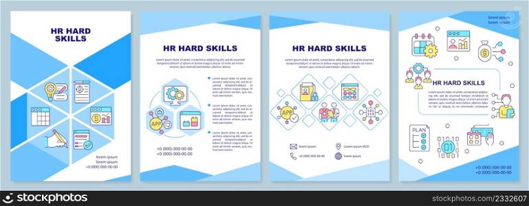 HR hard skills blue brochure template. Business and hiring. Leaflet design with linear icons. 4 vector layouts for presentation, annual reports. Arial-Black, Myriad Pro-Regular fonts used. HR hard skills blue brochure template